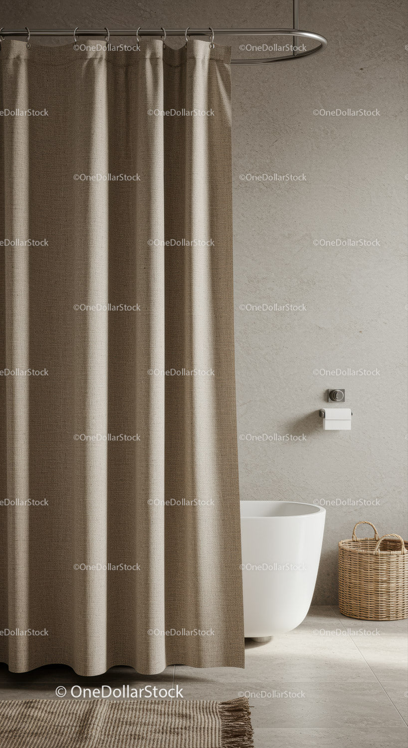 Beige Shower Curtain and White Freestanding Bathtub in Modern Bathroom
