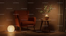 Cozy armchair with vase and glowing lamp in warm corner