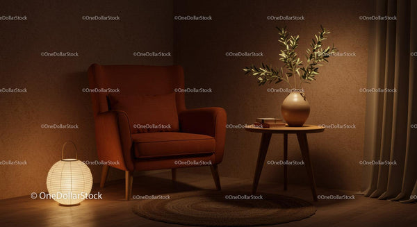 Cozy armchair with vase and glowing lamp in warm corner