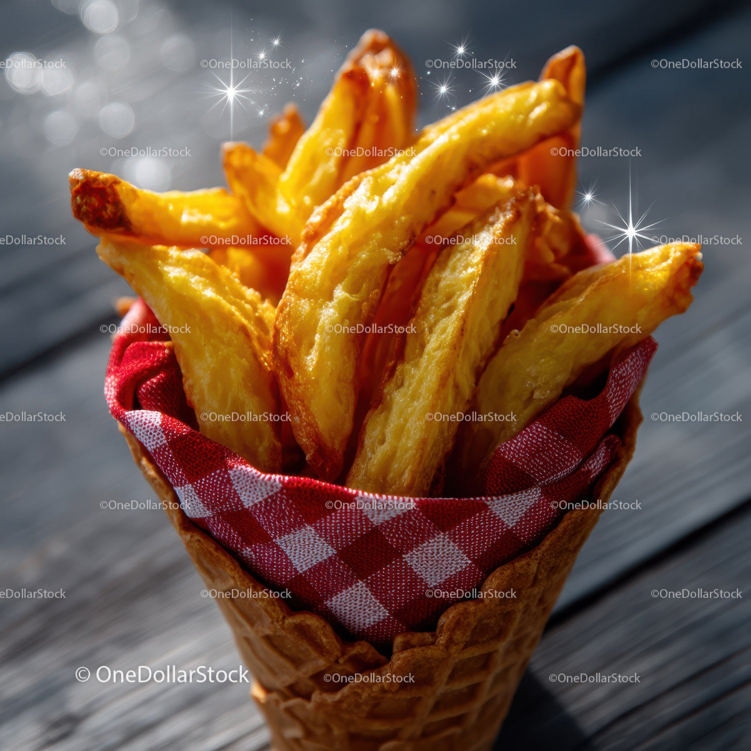 Golden Crispy French Fries in Cone Serve on Wooden Surface