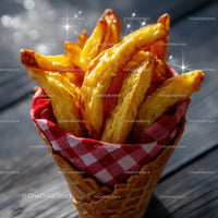Golden Crispy French Fries in Cone Serve on Wooden Surface
