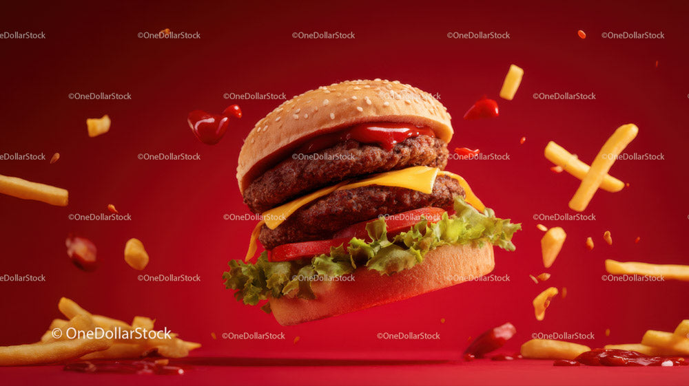 Soczysty podwójny cheeseburger z frytkami na czerwonym tle