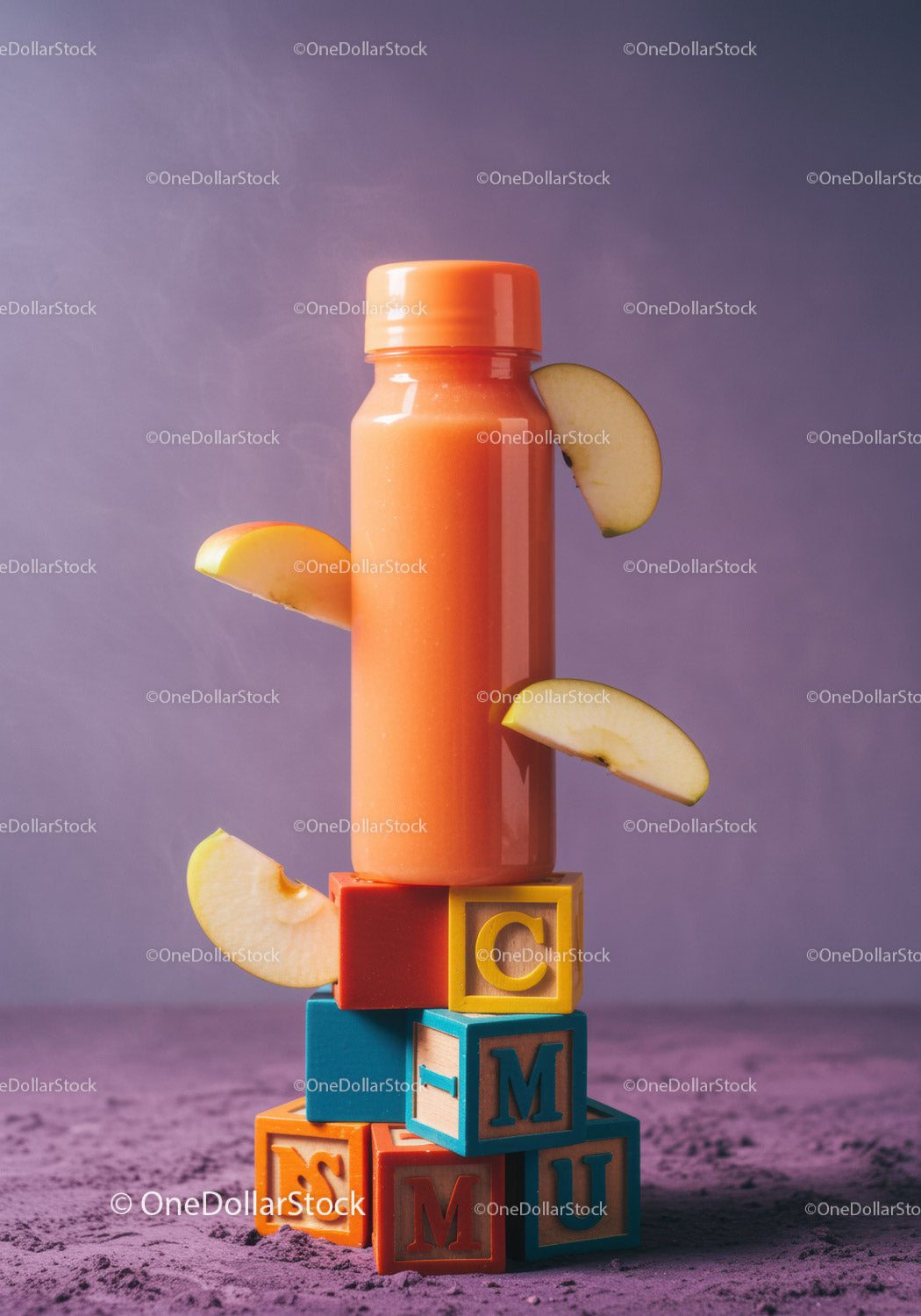 Orange juice bottle balanced on colorful blocks with apple slices