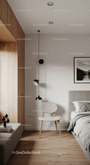 Minimalist bedroom corner with modern chair and lighting