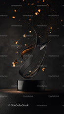 Elegant Modern Sculpture with Floating Gold Particles and Dark Background
