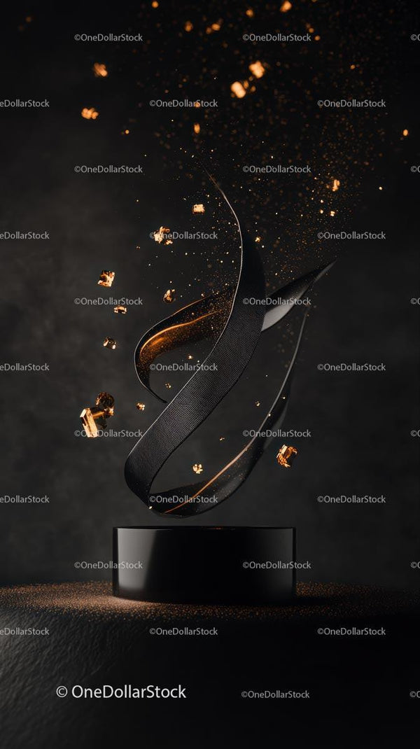 Elegancka nowoczesna rzeźba z unoszącymi się złotymi drobinkami na ciemnym tle