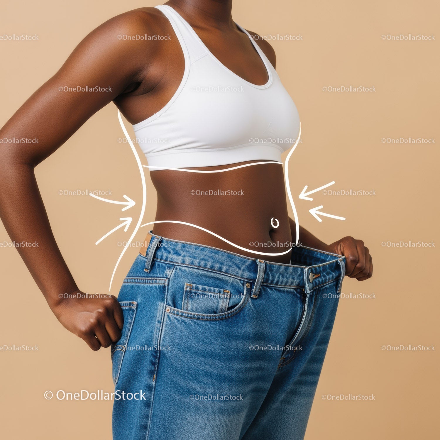 Close-up of Woman Measuring Waist with Jeans for Body Transformation
