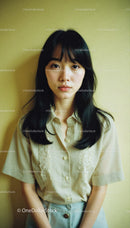 Youthful Woman in Casual Beige Blouse and Denim Jeans
