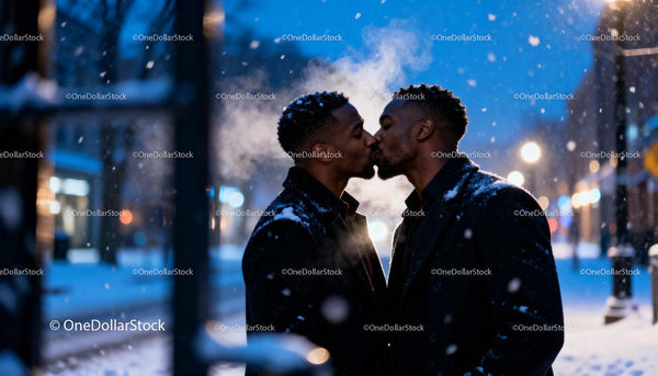 Couple Sharing a Romantic Winter Kiss in Snowy City