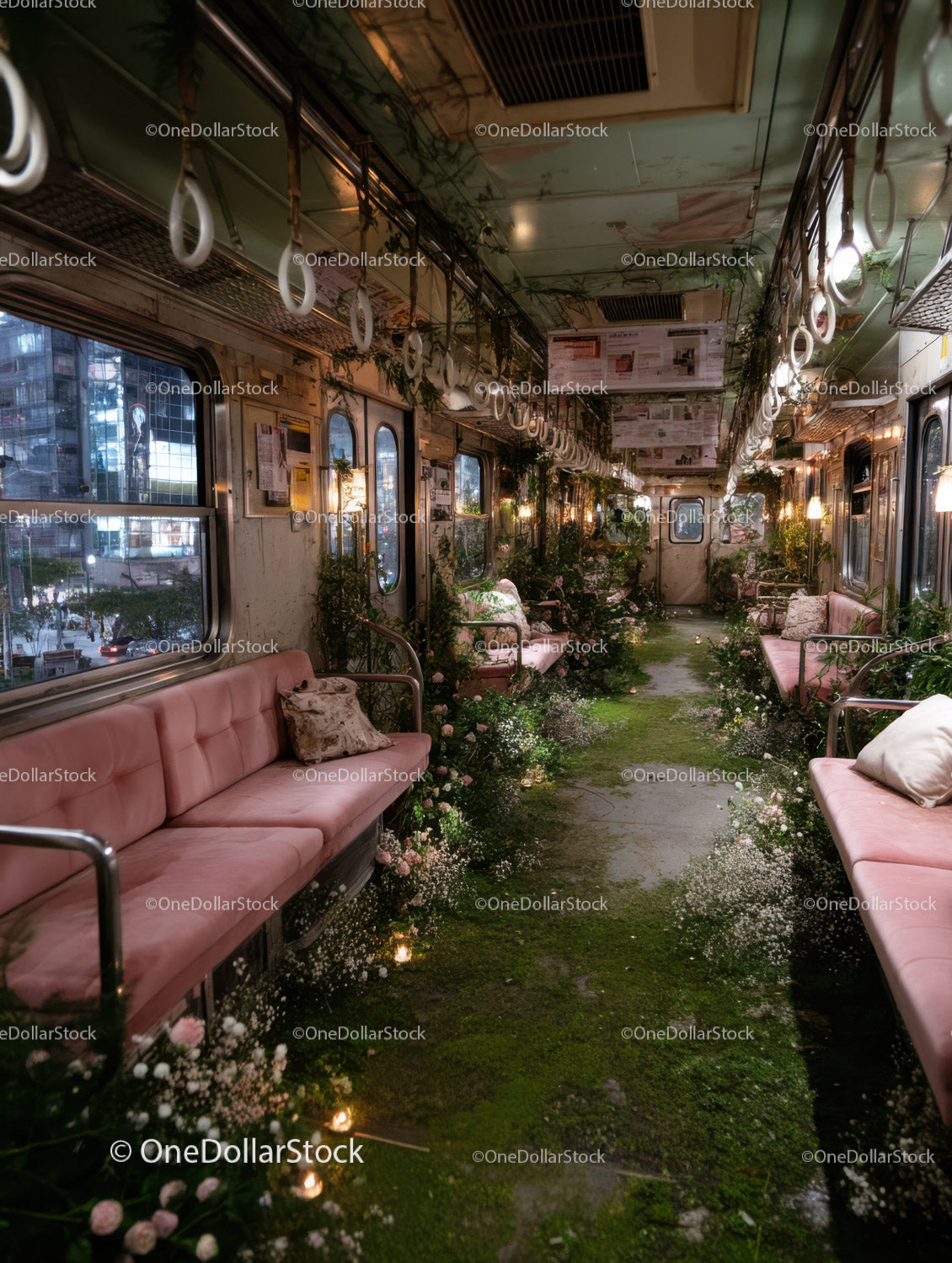 Vintage Train Car Interior with Floral Decorations and Cozy Atmosphere