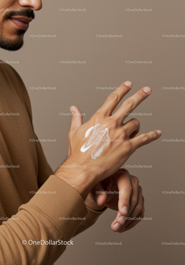 Close-Up of a Man Applying Lotion on Hand for Skincare