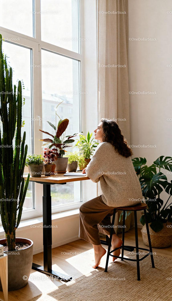 Woman Relaxing and Reflecting Near a Bright Window