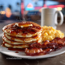 Stack of Fluffy Pancakes with Syrup Bacon and Coffee