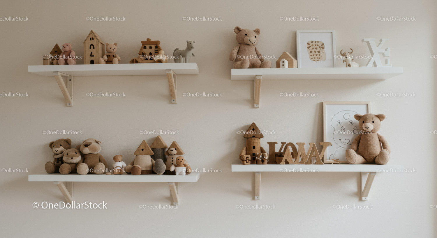 Cozy Nursery Shelves with Plush Teddy Bears and Wooden Toys