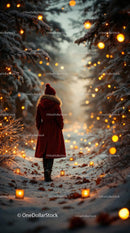 Woman Walking Through Snowy Forest Path with Lights