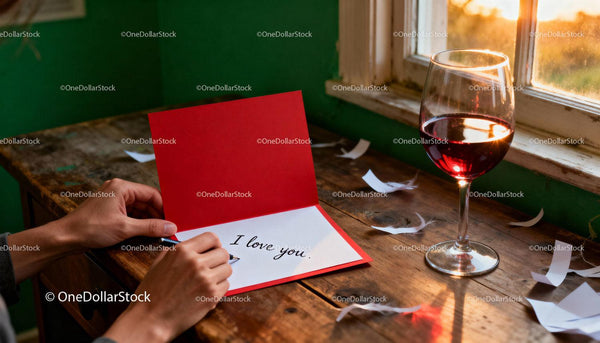 Writing a heartfelt love note by sunset with wine glass