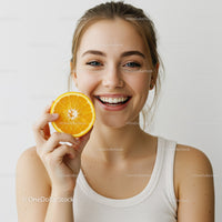 Joyful Young Woman Smiling with Orange Slice in Bright Studio