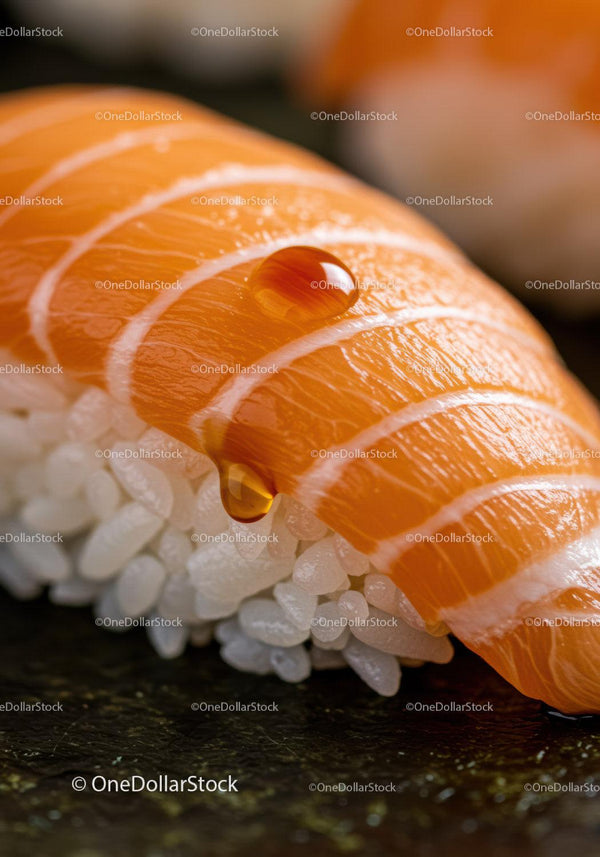 Zbliżenie na świeże nigiri z łososia z kroplami sosu sojowego