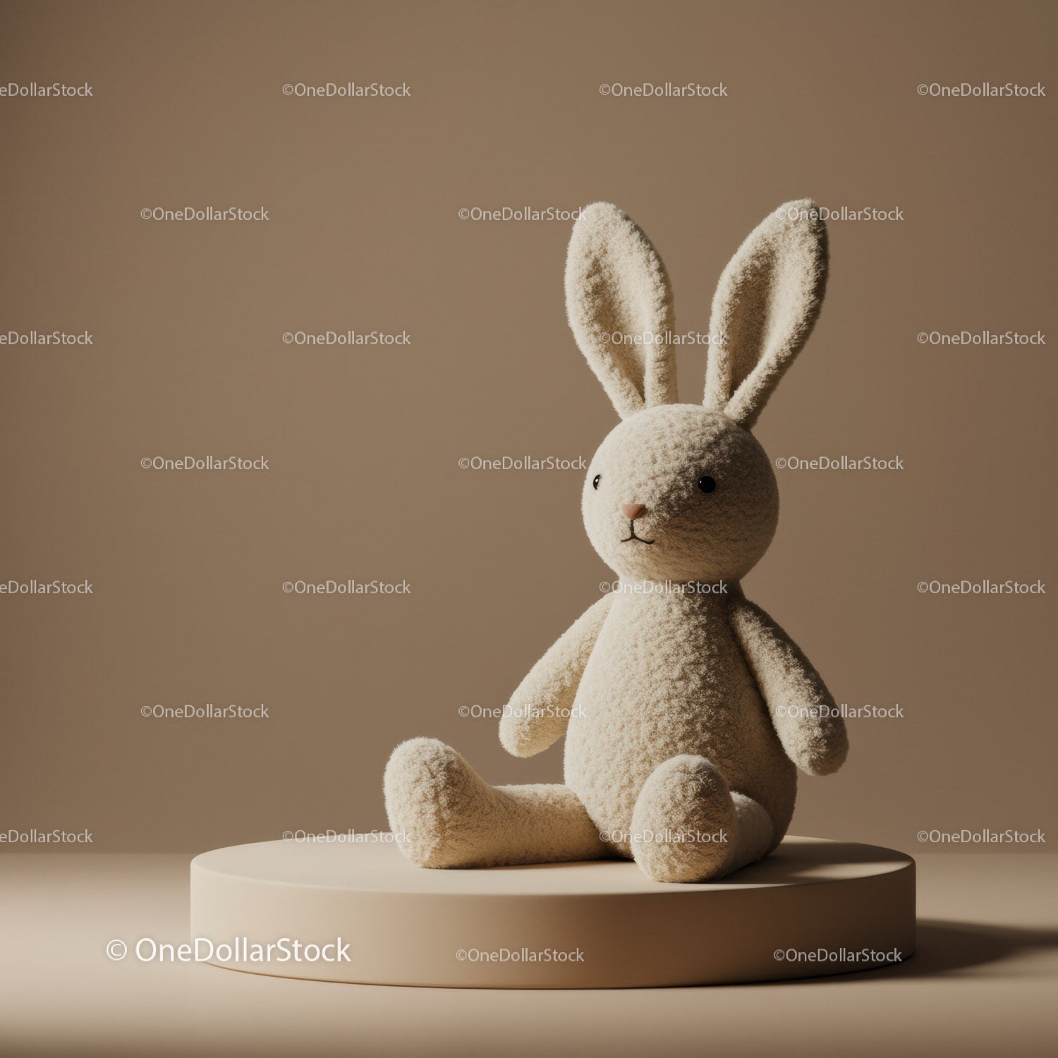 Soft plush bunny toy sitting on beige pedestal