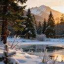 Winter landscape with decorated fir trees and frozen lake