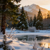 Winter landscape with decorated fir trees and frozen lake