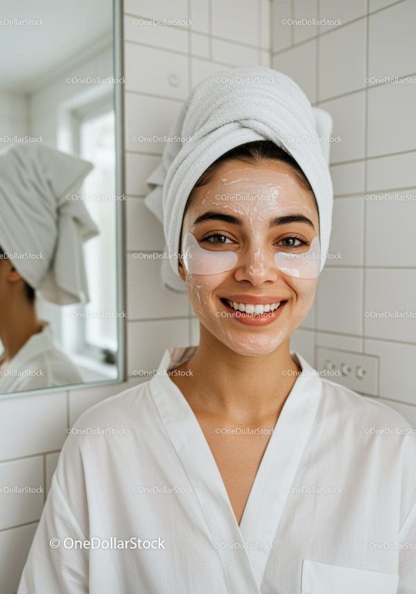 Smiling woman with face mask and eye patches in bathroom