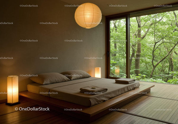 Minimalist bedroom with forest view and warm lighting