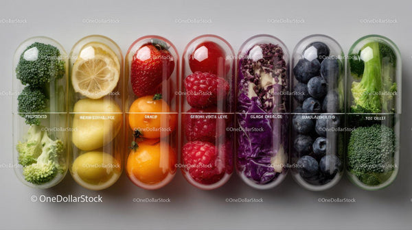 Assorted Fresh Vegetables and Fruits in Colorful Capsules