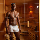 Fit Male Model Relaxing in Modern Wooden Sauna Interior