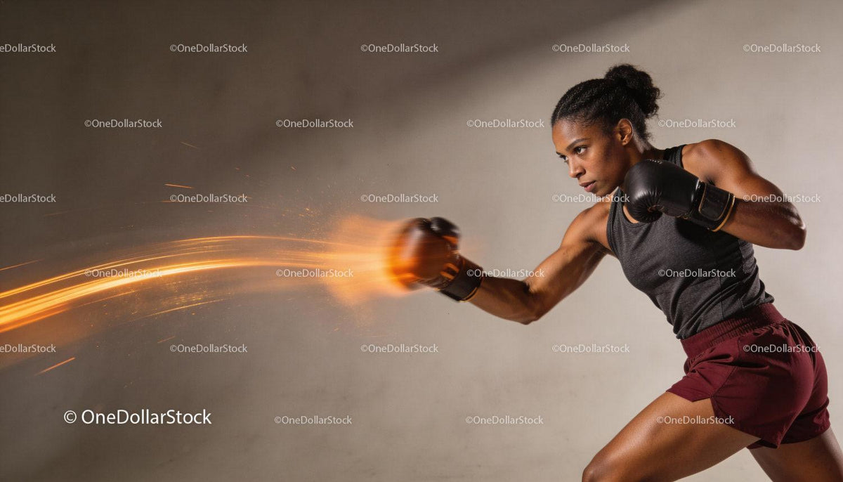 Determined female boxer throwing powerful punch in studio