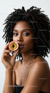 Elegant African Woman with Curly Hair Holding Passion Fruit