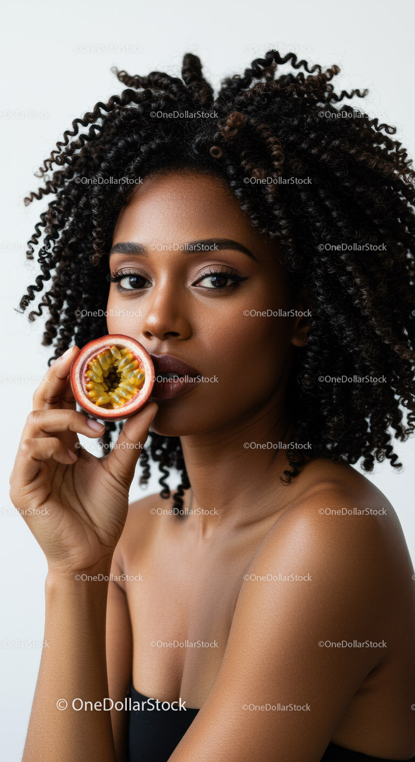Elegant African Woman with Curly Hair Holding Passion Fruit