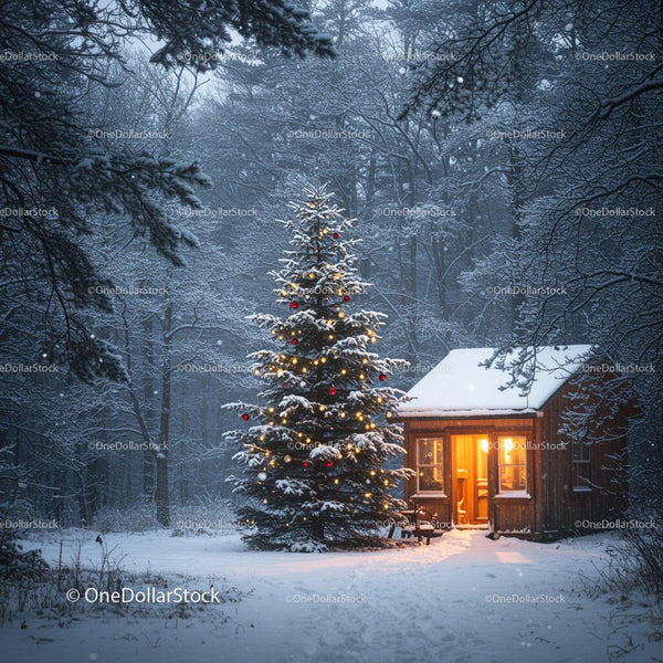 Cozy cabin with decorated Christmas tree in snowy forest