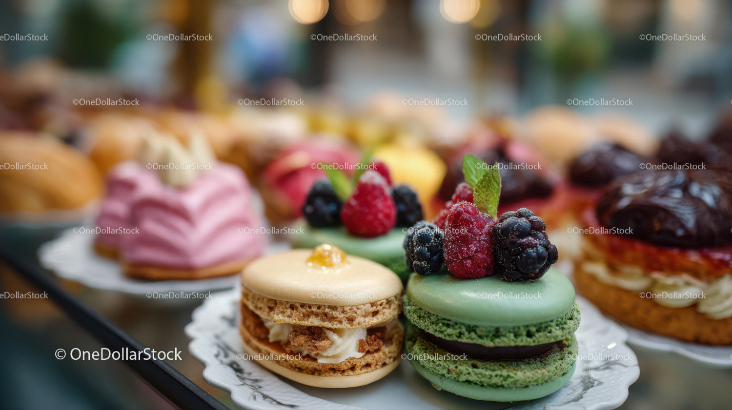 Colorful Assortment of Macarons and Fruit-Topped Pastries