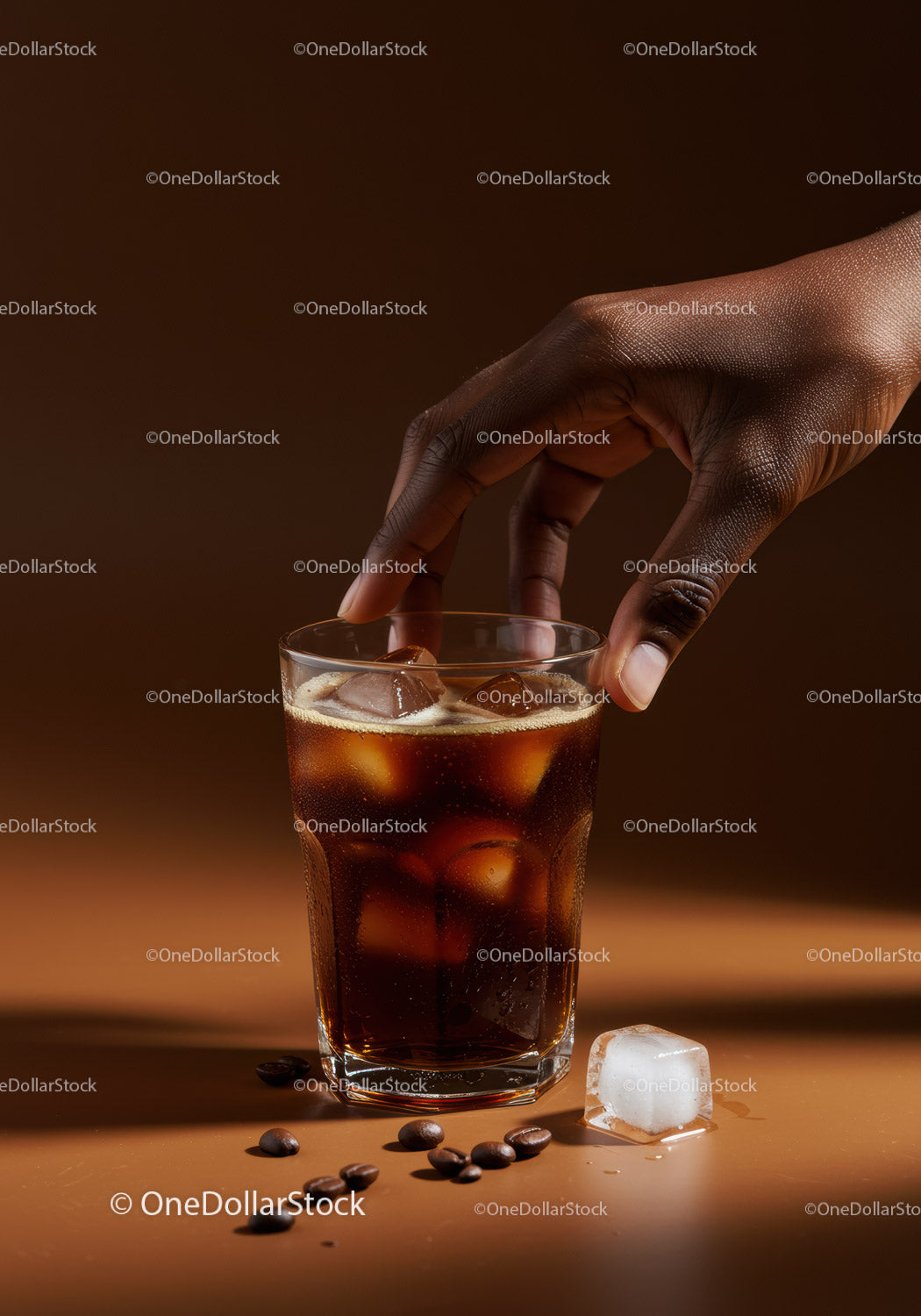 Hand Reaching for Iced Coffee with Coffee Beans Nearby