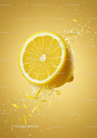Fresh lemon half splashing juice energetically