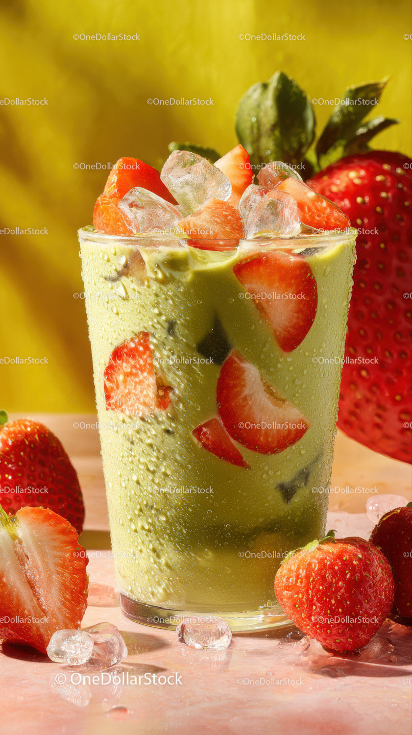 Frosty Strawberry Fruit Drink with Ice Cubes and Fresh Berries