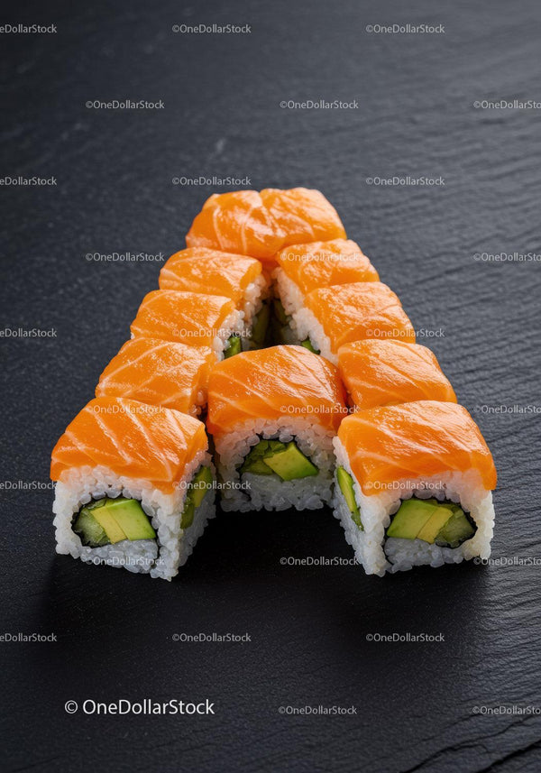 Fresh salmon sushi rolls arranged in letter A shape