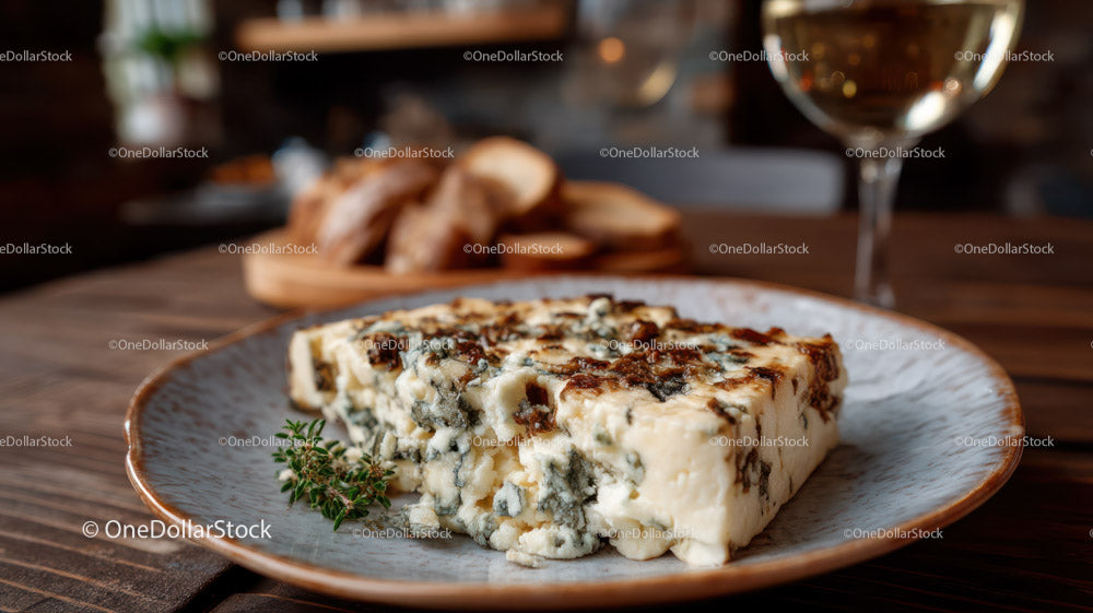 Blue Cheese and Rustic Bread on Decorative Plate in Food Setting