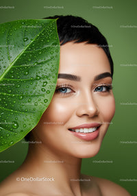 Vibrant Green Leaf with Water Droplets and Beautiful Woman Portrait