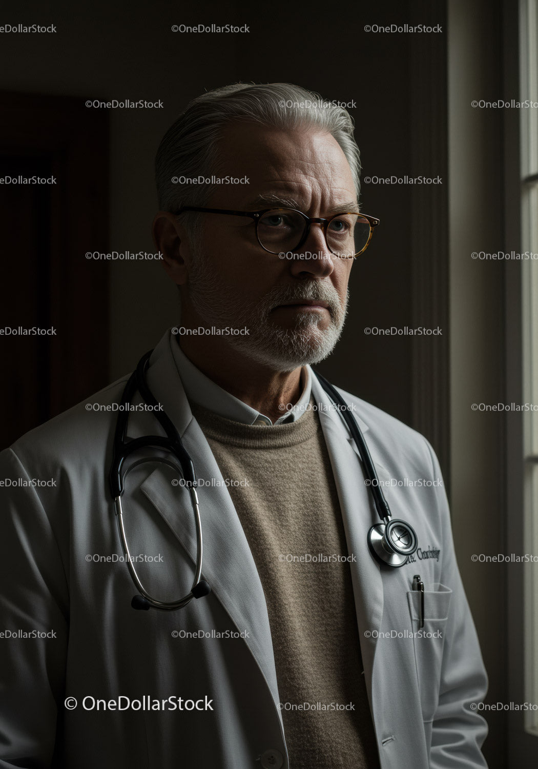 Elderly Male Doctor Wearing Glasses and Stethoscope in Clinic