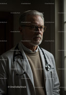Elderly Male Doctor Wearing Glasses and Stethoscope in Clinic