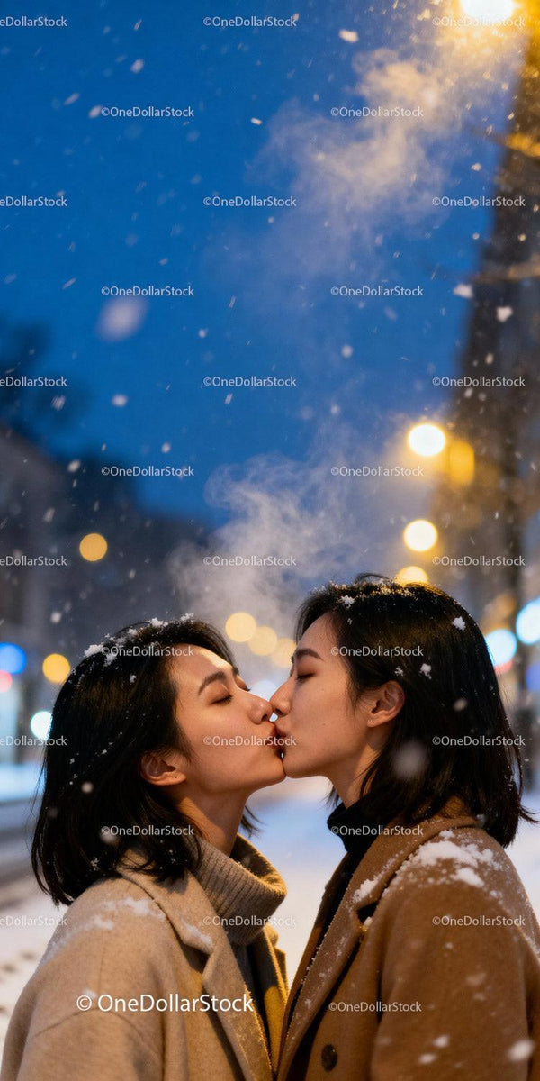Couple sharing a tender kiss on a snowy winter night