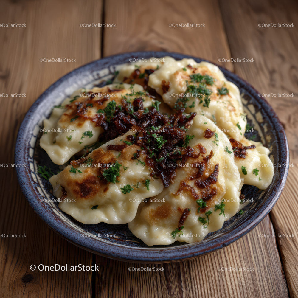 Traditional Dumplings with Crispy Onion Garnish in Rustic Bowl