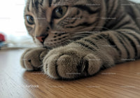 Close up of relaxed tabby cat paws resting on wooden floor