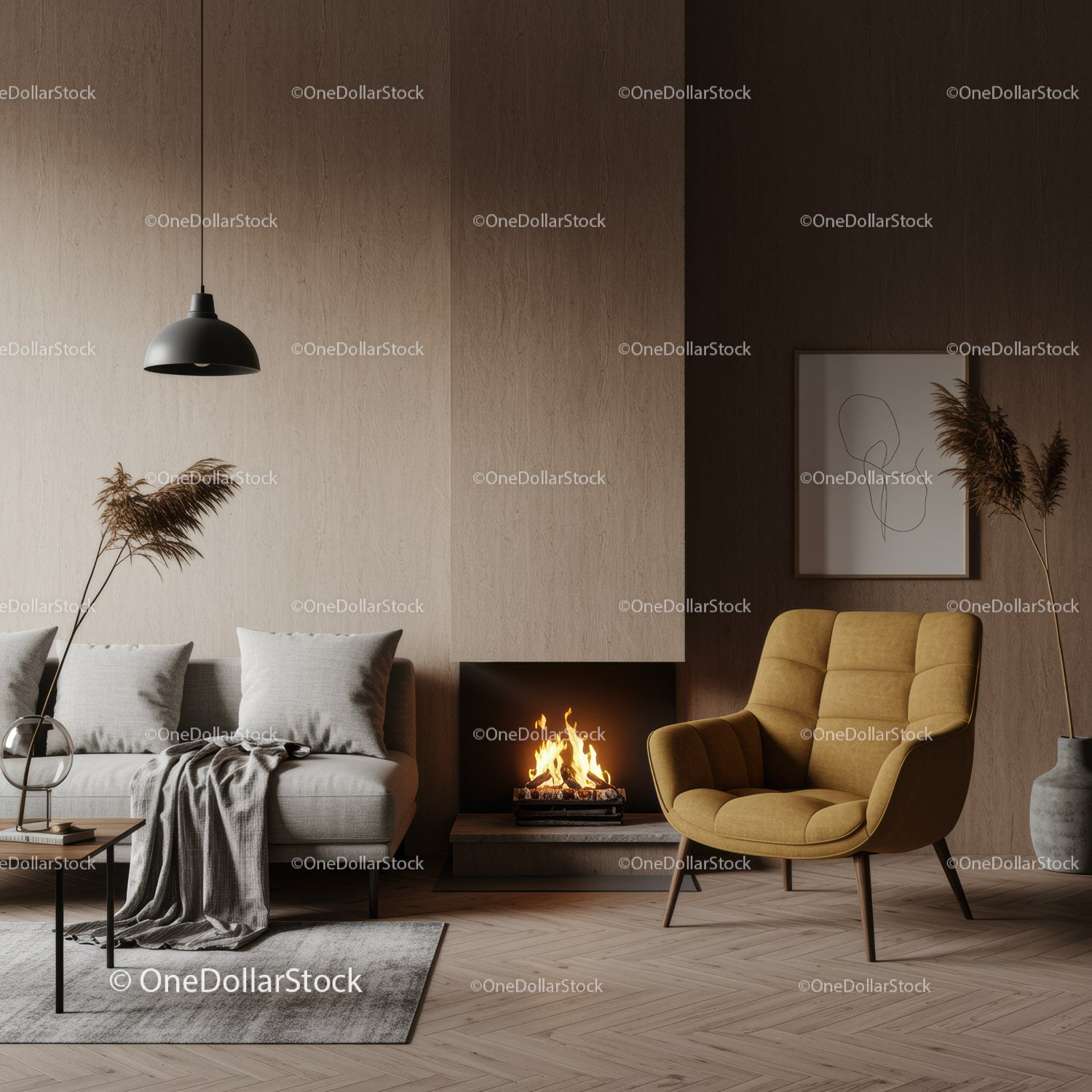 Elegancki, nowoczesny salon z kominkiem i wygodnym fotelem