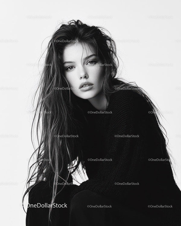 Stunning Black and White Female Model Portrait with Glamorous Style