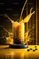 Vibrant Yellow Bubble Tea Splash with Tapioca Pearls