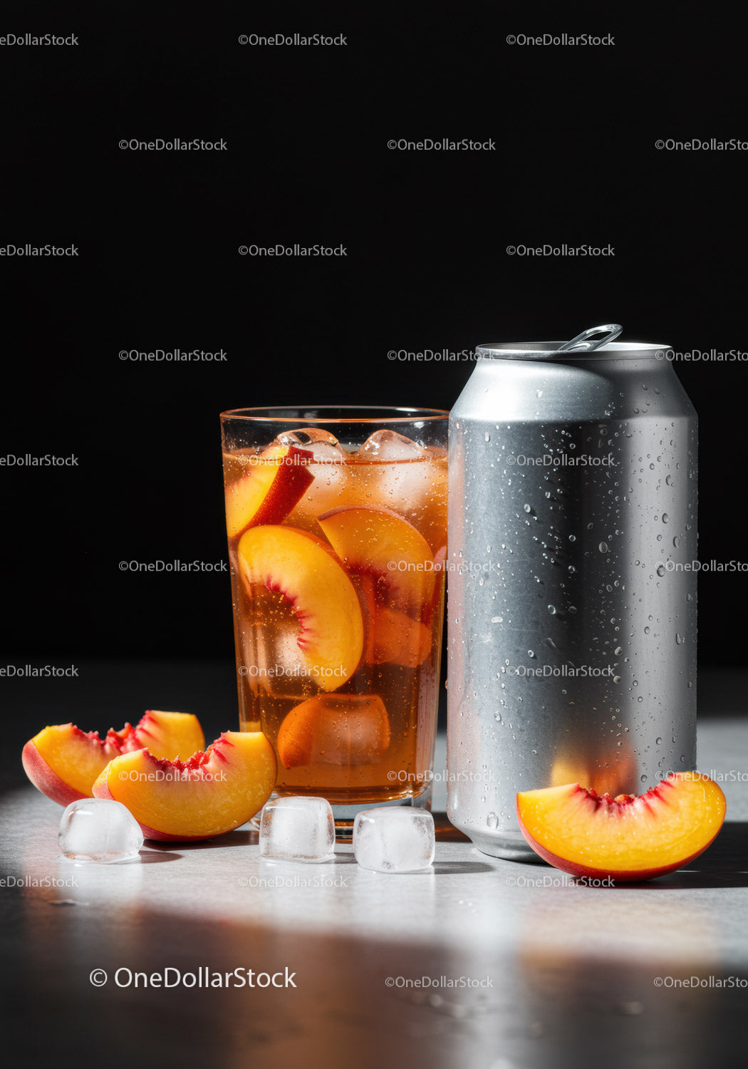 Refreshing peach iced tea with ice cubes and can