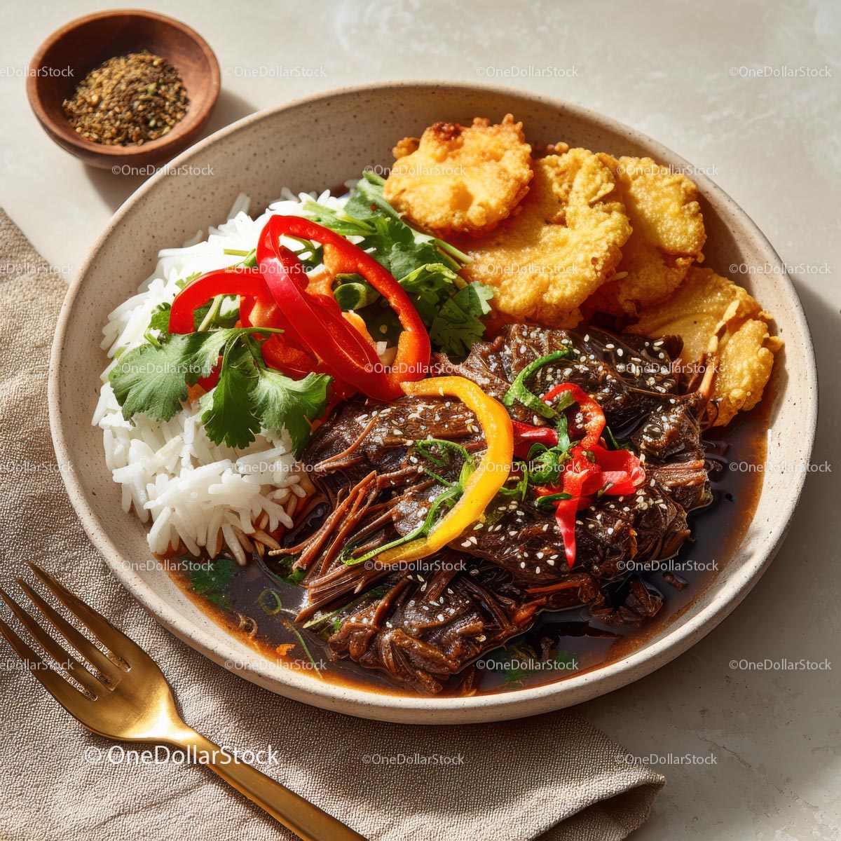 Savory Asian Dish with Rice, Vegetables, and Grilled Plantains